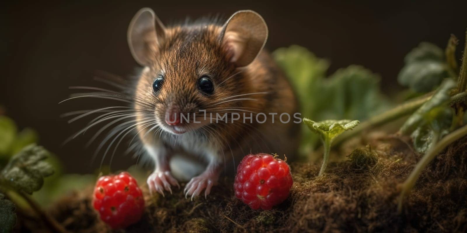 Wild Grey Mouse With Raspberry In The Forest, Close Up View by tan4ikk1