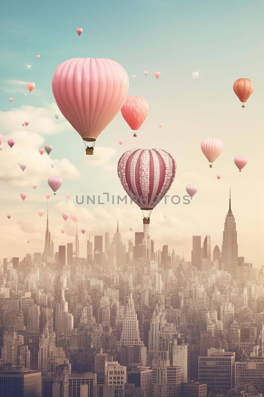 Cartoon Of Big Hot Air Balloons In The Sky Above Modern City With High Skyscapers by tan4ikk1