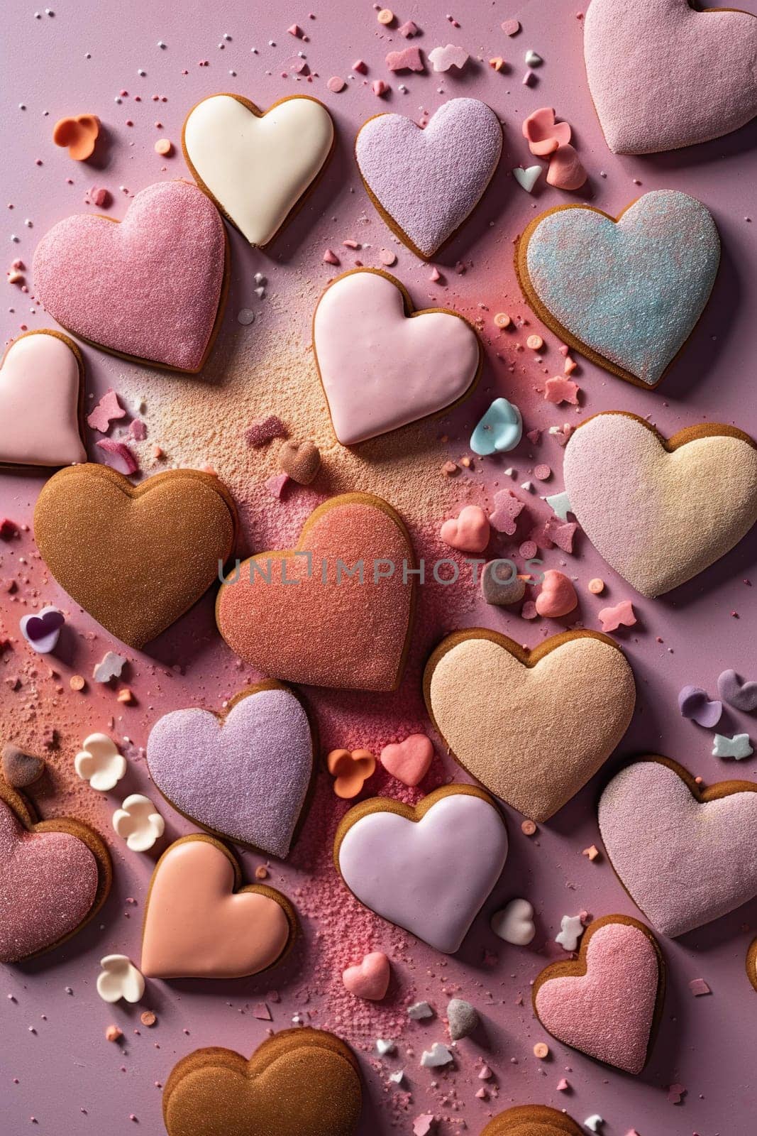 Gingerbreads In Heart Shape With Sweet Glaze In Pastel Colors, Valentine'S Day Concept
