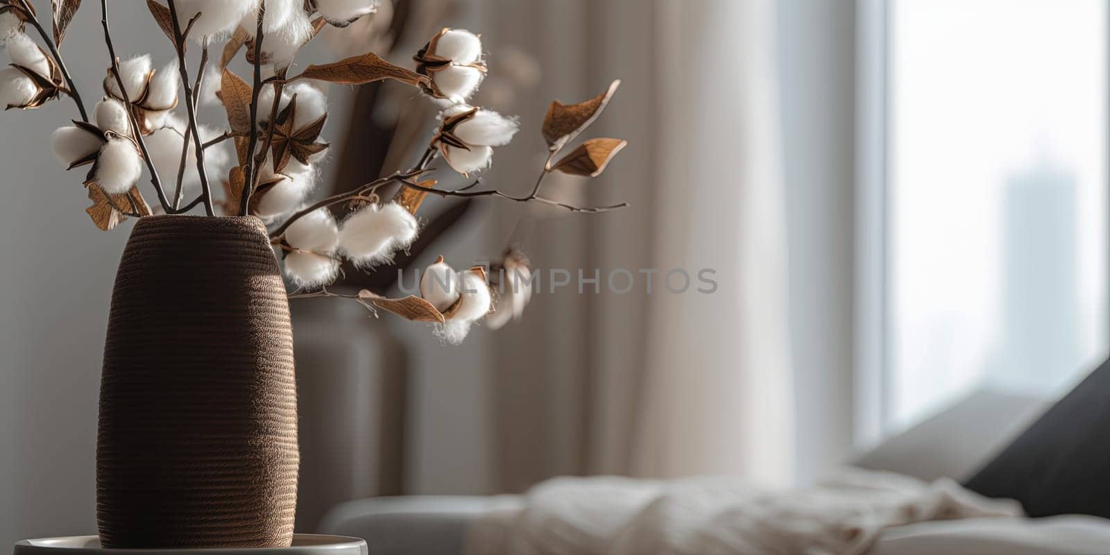 Cozy room decor includes cotton branches in a vase.