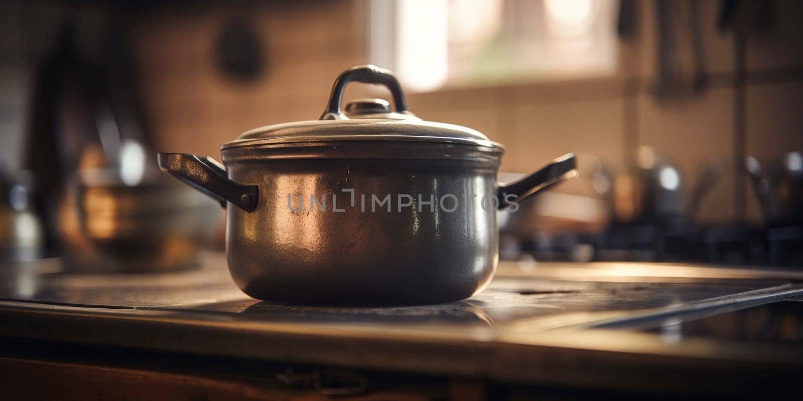 Old, rusty saucepan sits empty in home kitchen.