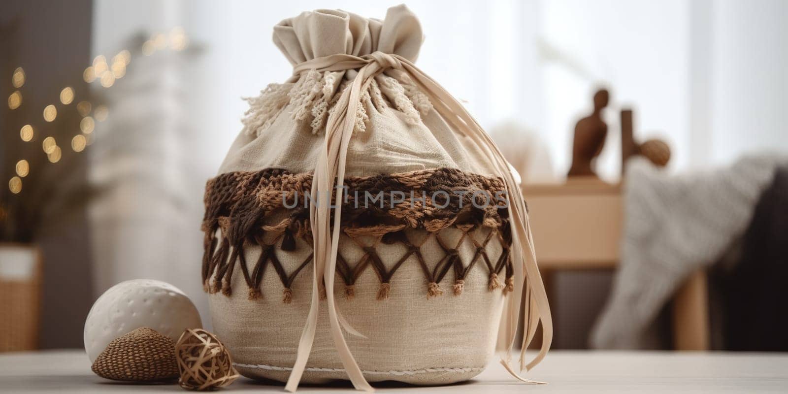 Handmade Boho Style Fabric Bag Rests On Table In Cozy Room
