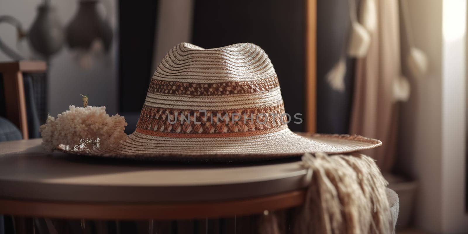 Stylish straw women's hat sits on table in room.