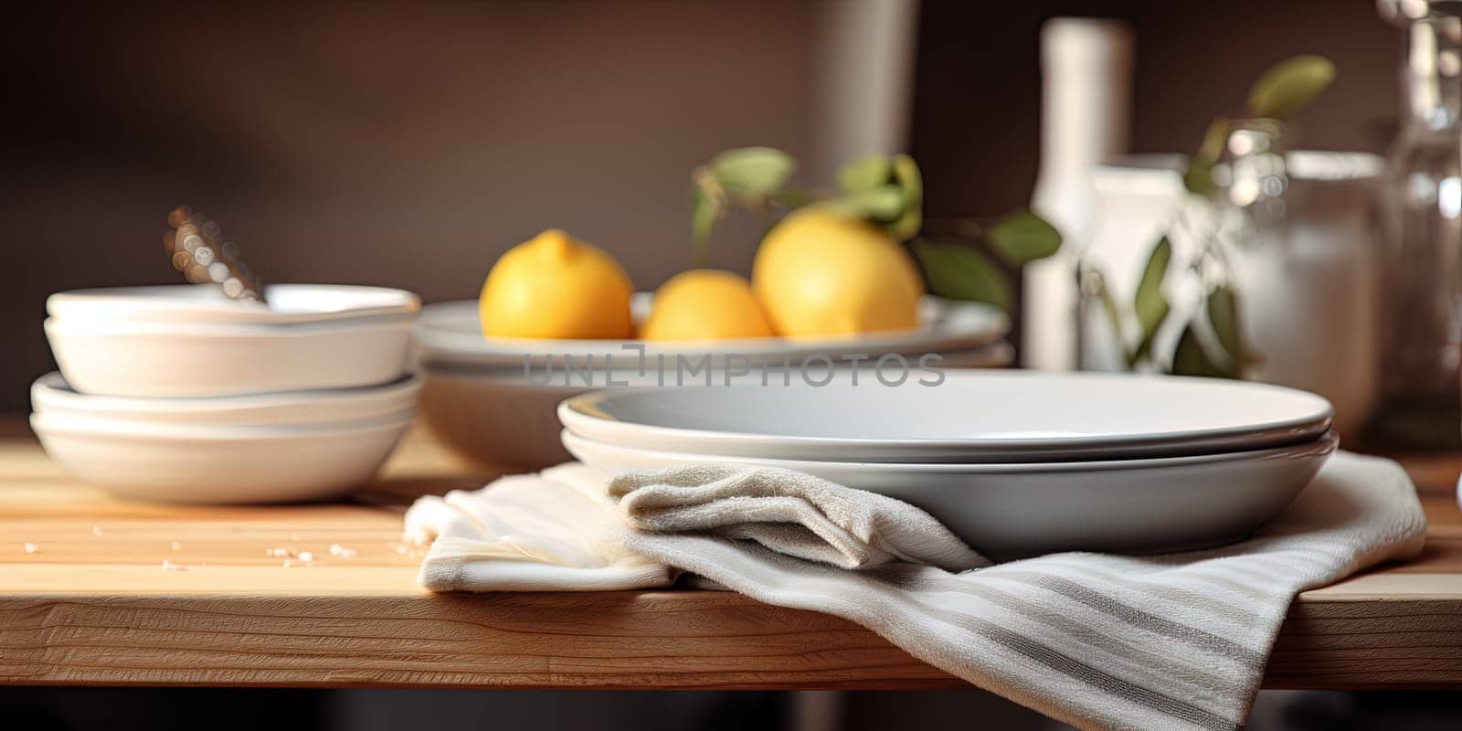 The clean light in my home kitchen illuminates the plates and kitchen tools. by tan4ikk1