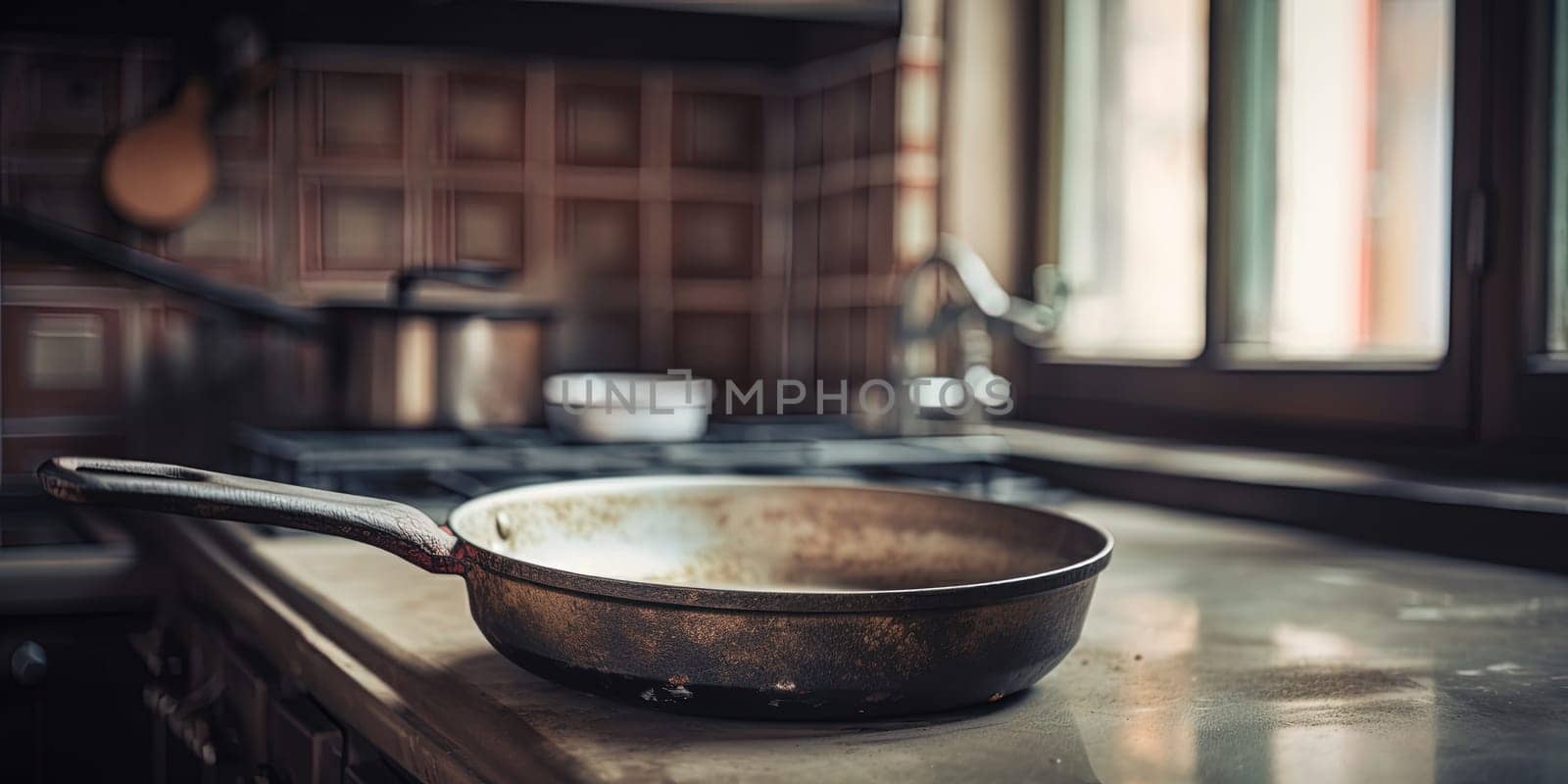 The old, rusty saucepan sat empty in the home kitchen pan. by tan4ikk1