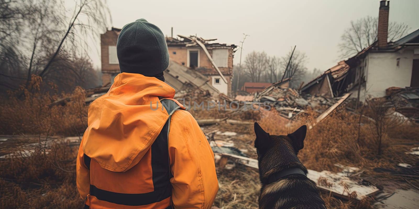 Rescuer With A Dog At The Site Of A Destroyed House During An Earthquake , Search For Survivors Under The Rubble