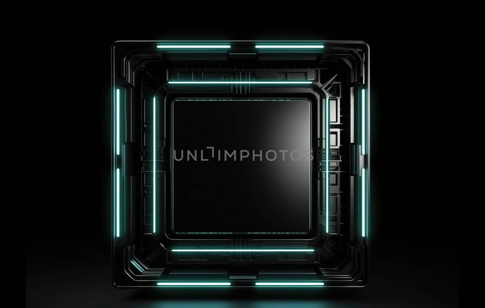 Modern Photo frame with glowing elements on a black background, blank for your design or photography , generative AI