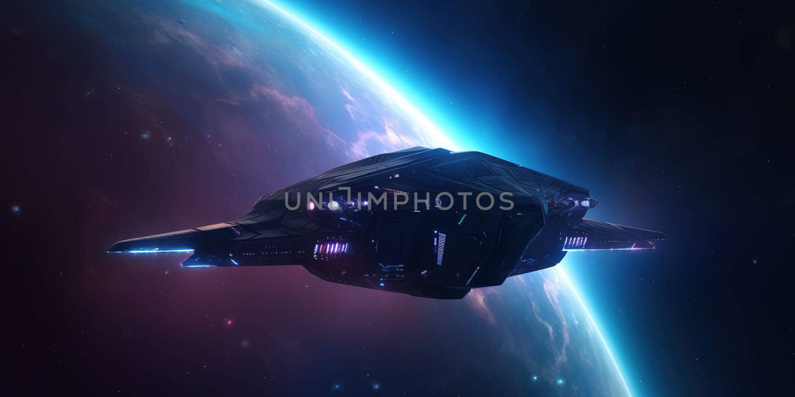 Illustration of a futuristic spaceship orbiting a planet