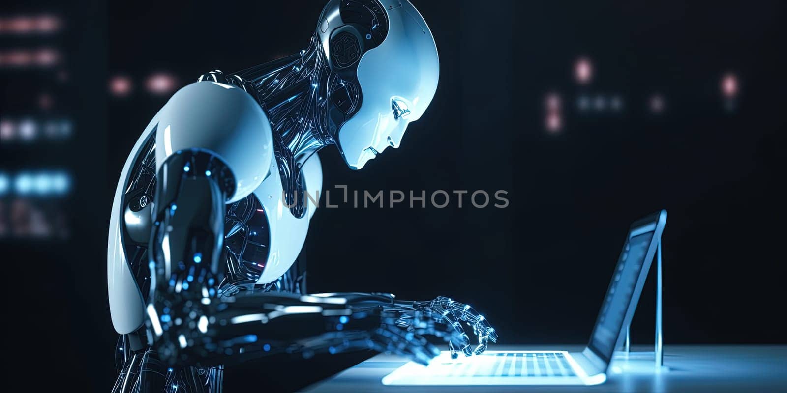 Artificial Intelligence being working with laptop. Super high tech Ai computer technology of nearest future
