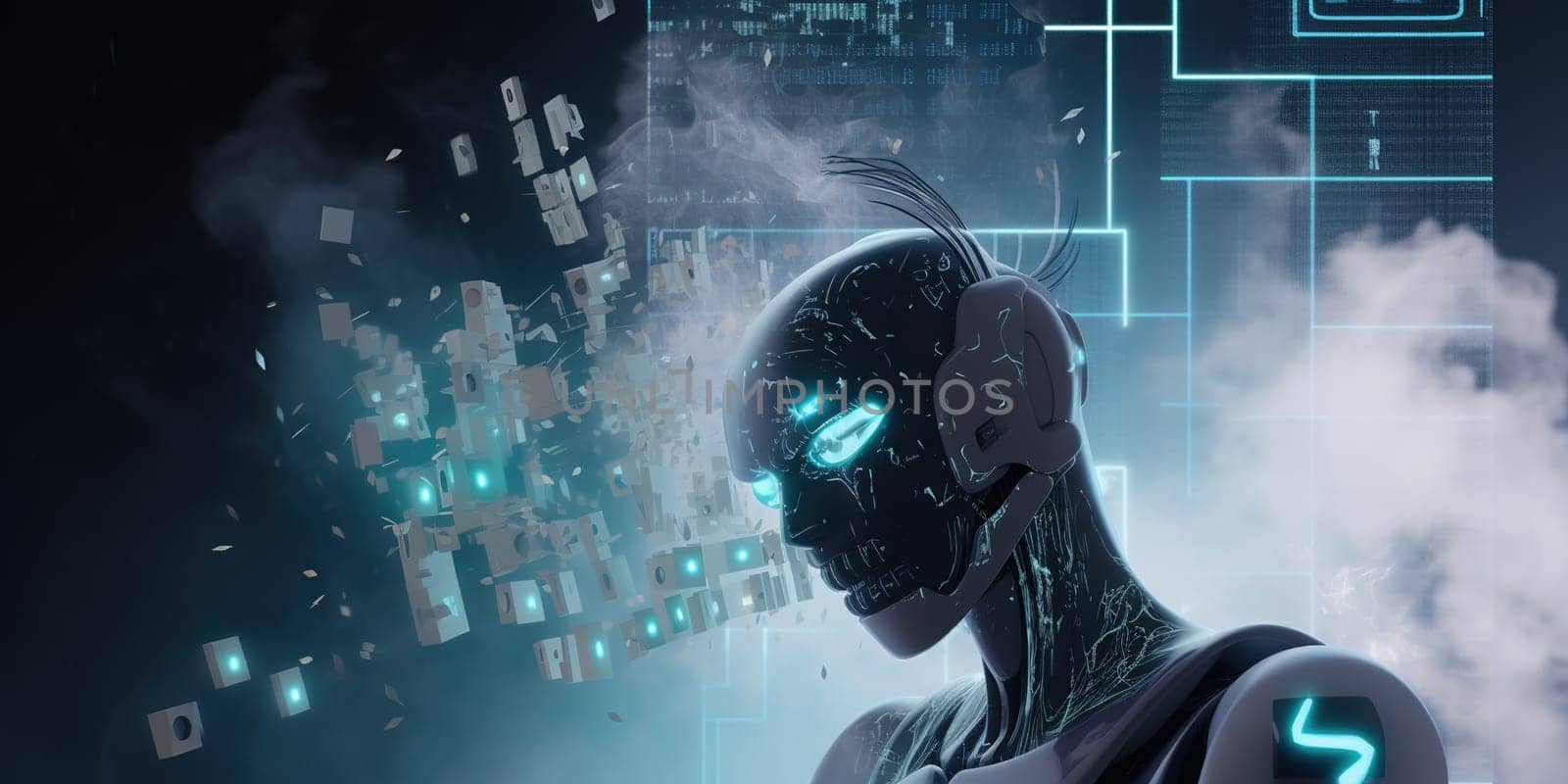 Artificial Intelligence robot on a digital background . Super high tech Ai computer technology of nearest future