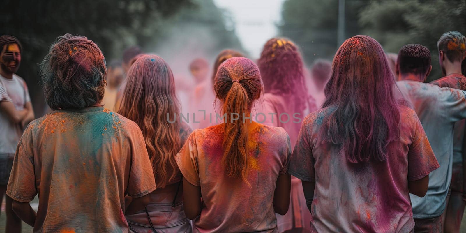 People In Holi Powder Paint Celebrating Holidays Outdoors In Crowd
