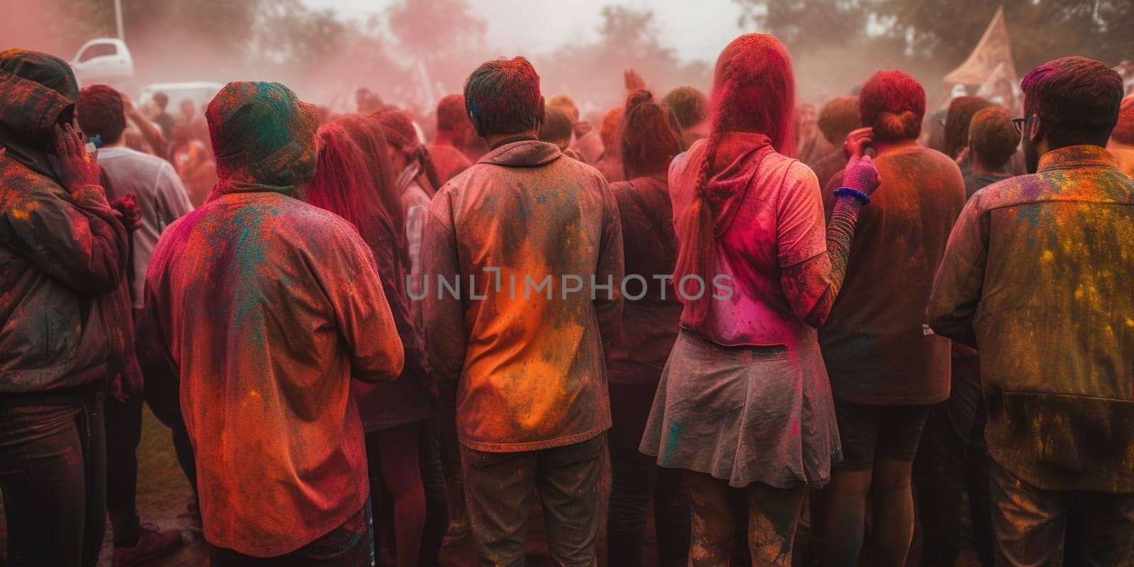 Crowd Of People Celebrating Holy Holiday With Colorful Powder Paints by tan4ikk1