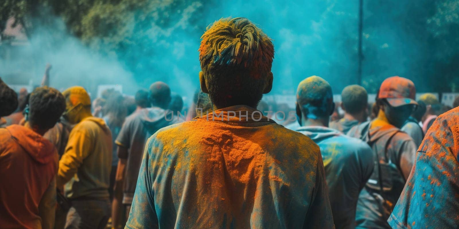 Crowd Of People Celebrating Holy Holiday With Colorful Powder Paints, Back View