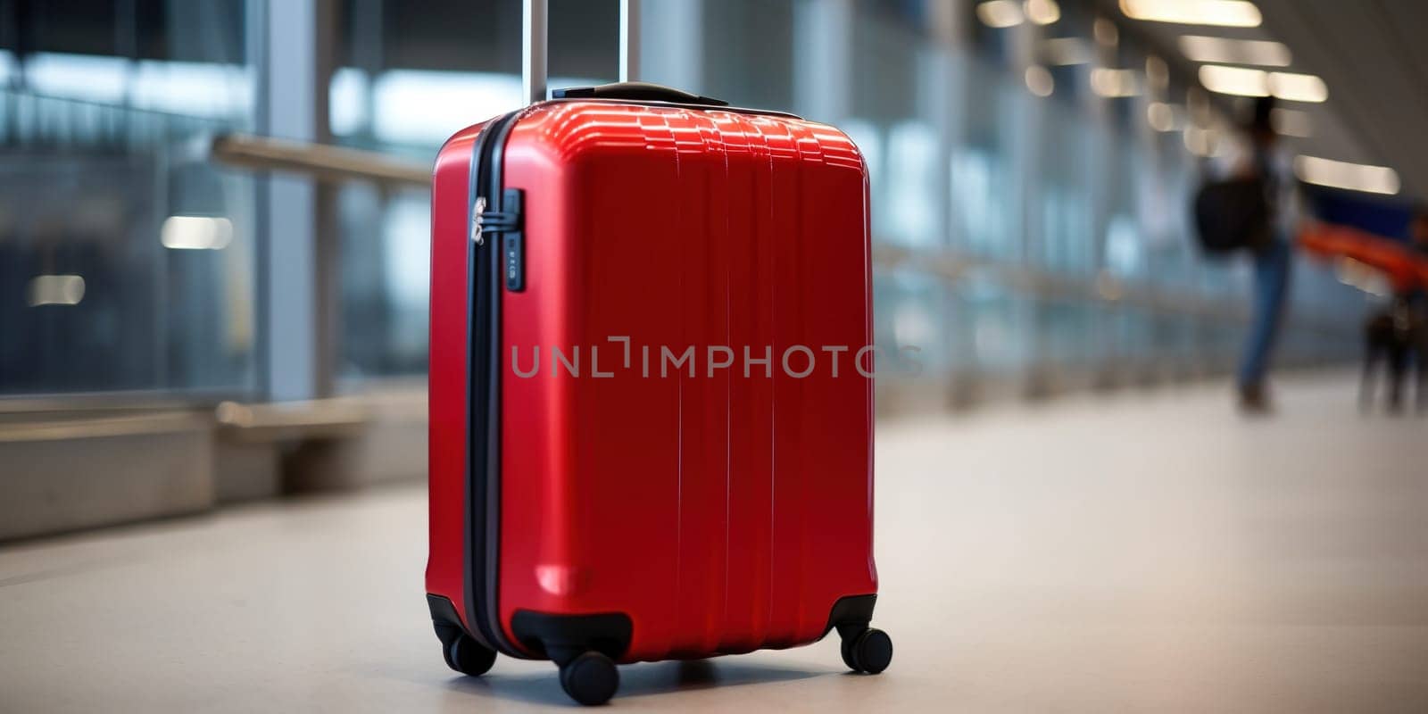 Red Suitcase In Airport Hall , Concept Of Vacation Travelling
