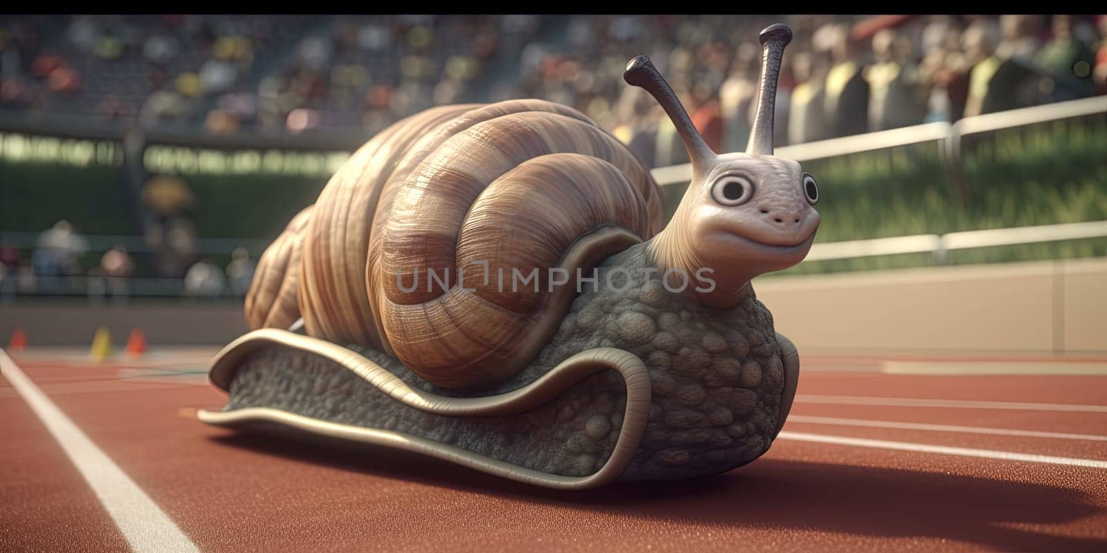 Cartoon Snail Crawling On A Running Track At The Stadium