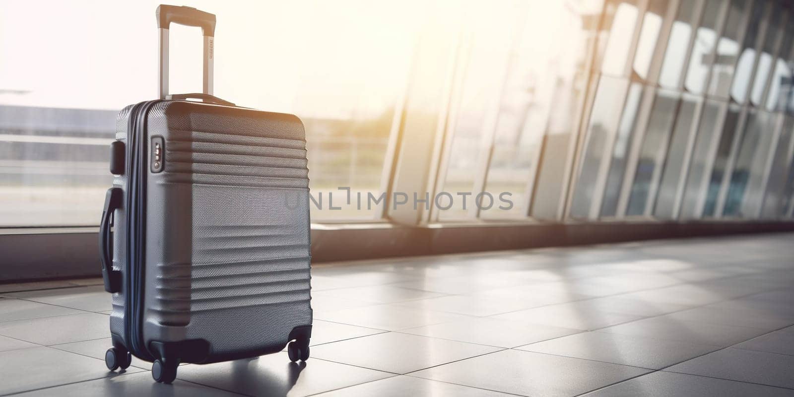Suitcase In Airport Hall Waiting Fly , Concept Of Vacation Travelling