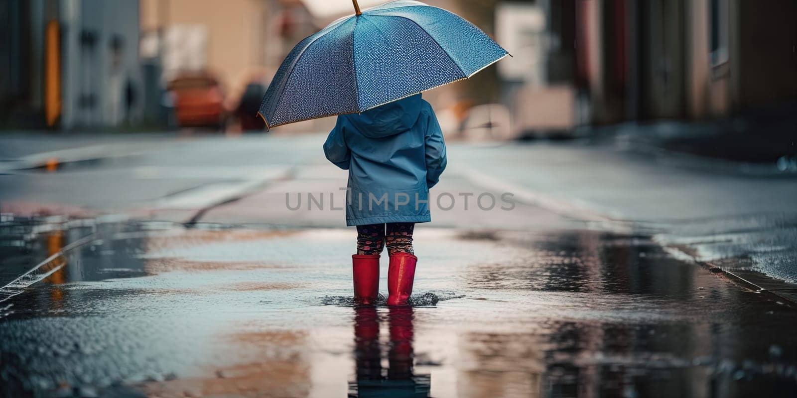 Child Stands In A Puddle Under An Umbrella During The Rain by tan4ikk1
