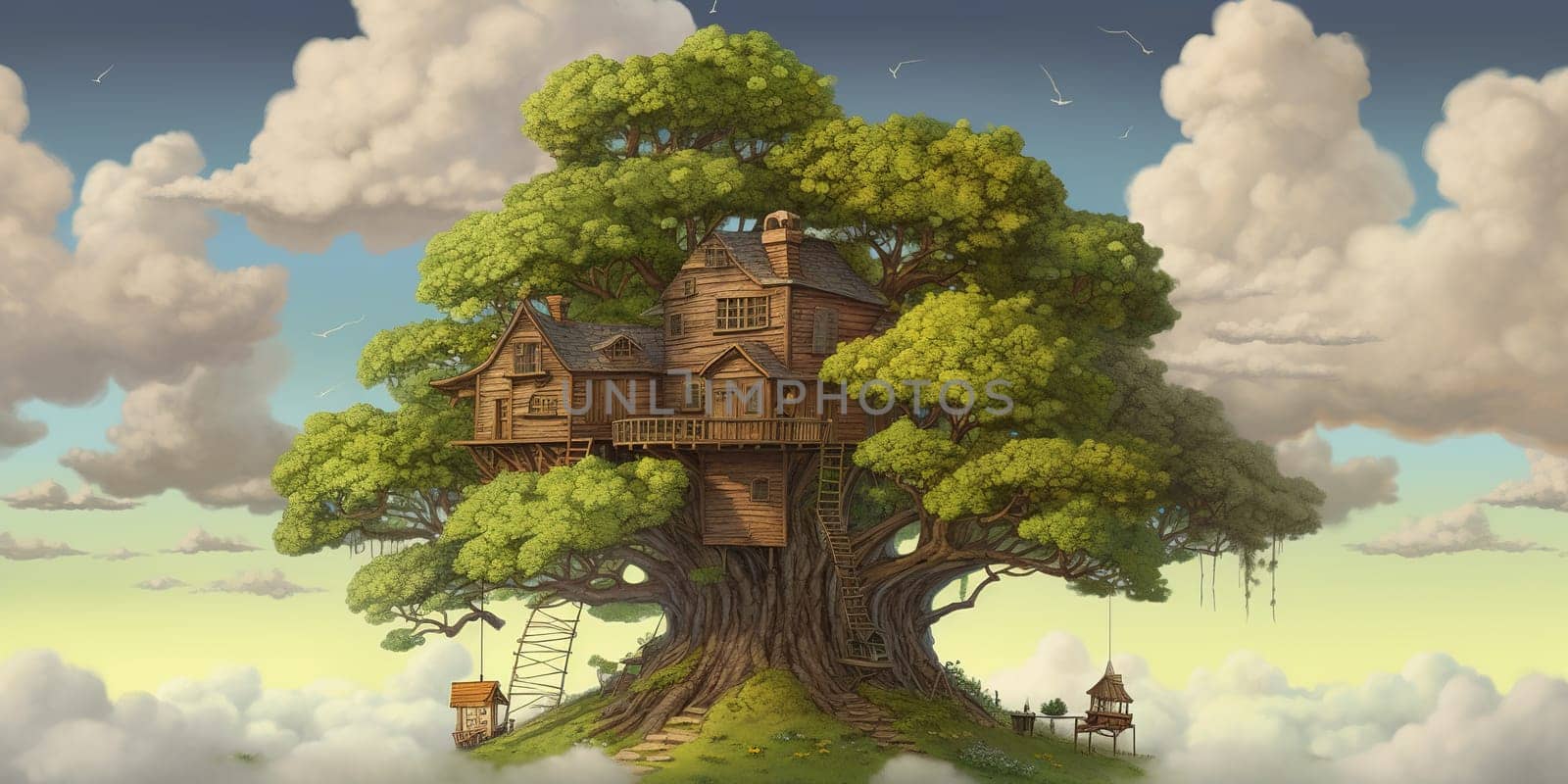 Huge fantasy tree with tiny houses in its crown serves as home for magical fairy-tale characters