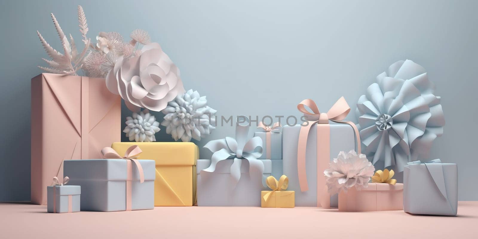 3D Illustration Gift Boxes And Quilling Flowers In Pastel Colors , Concept Of Gifting For Holidays