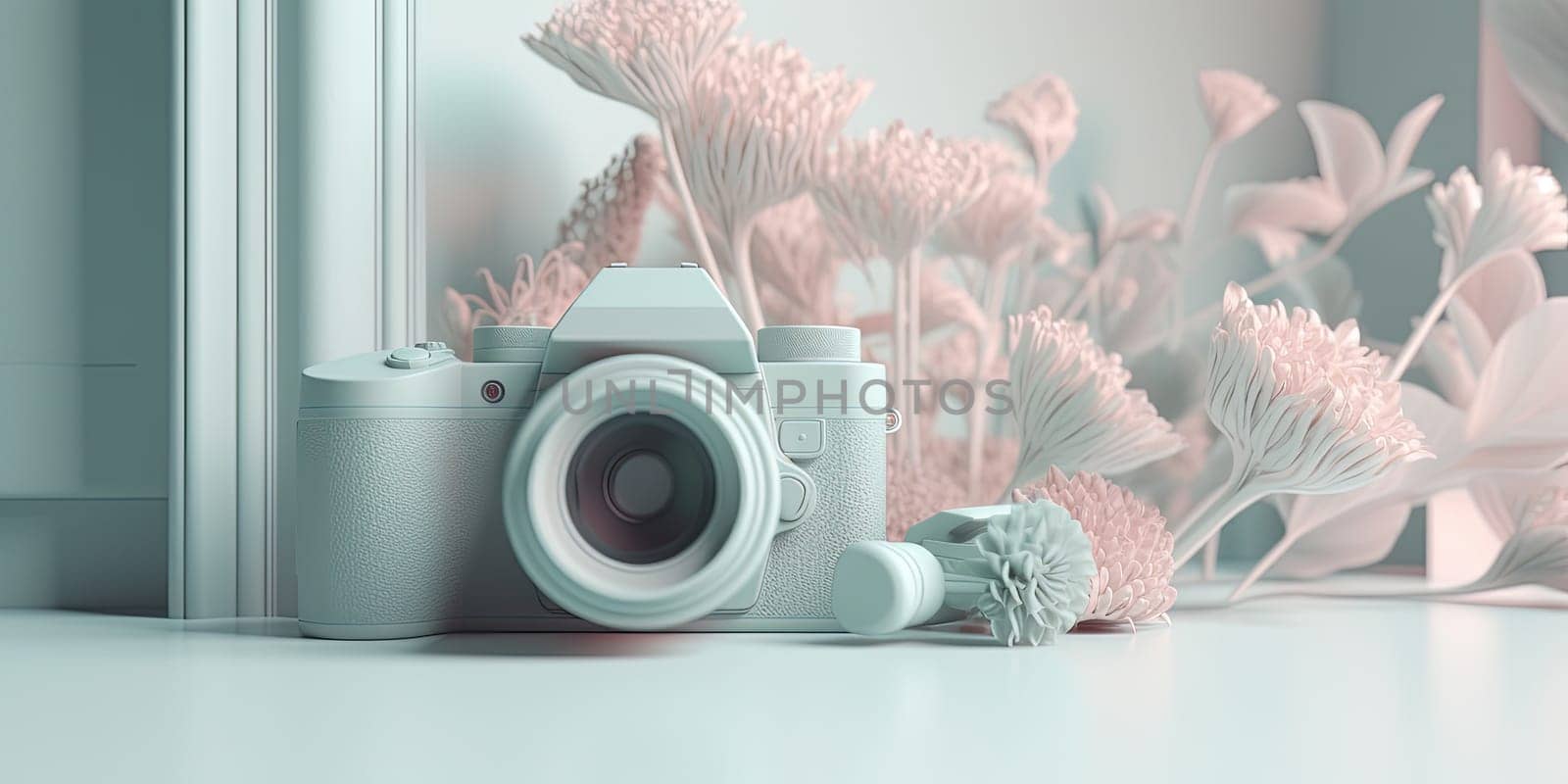 3D Illustration Retro Camera In Pastel Colors On A Table With Flowers