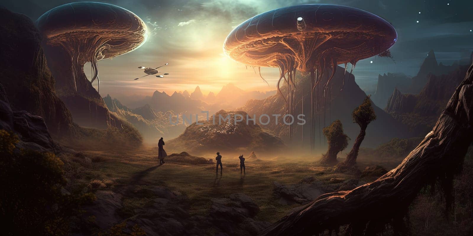 Incredible scenery on remote planet captivates with its amazing and fantastic landscape, bustling with flying UFOs and curious aliens