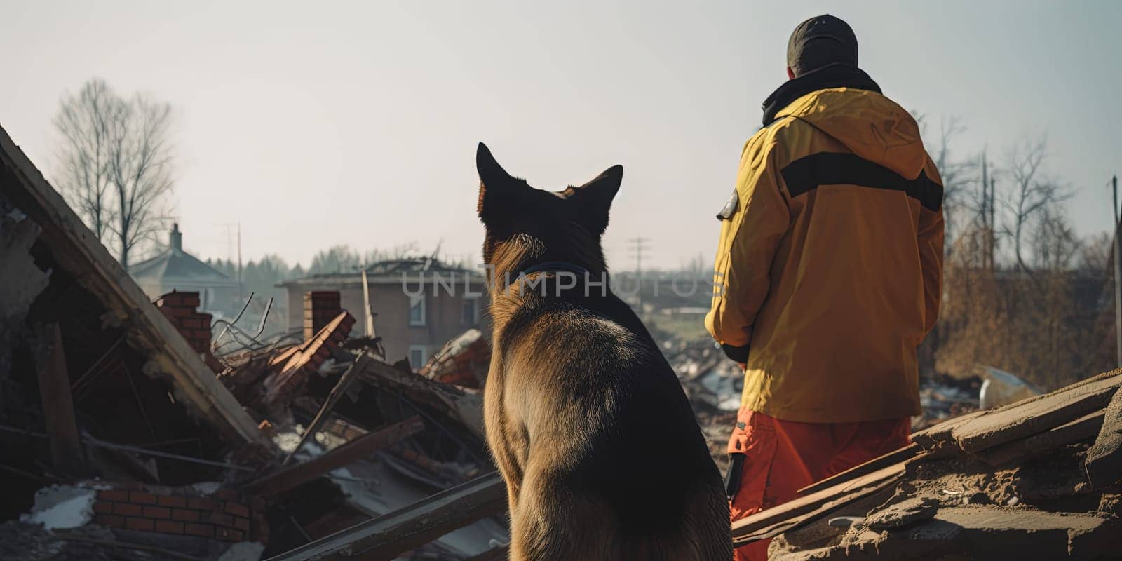 Rescuer With A Dog At The Site Of A Destroyed House During An Earthquake , Search For Survivors Under The Rubble