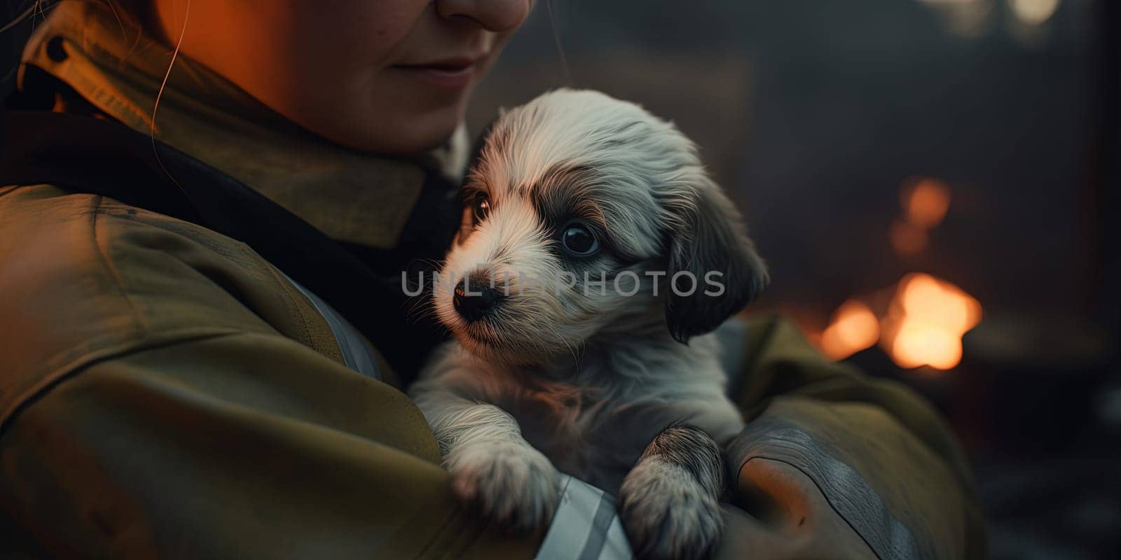 Fireman Holding Wild Puppy Dog During Fire , Concept Nature Wild Life Saving