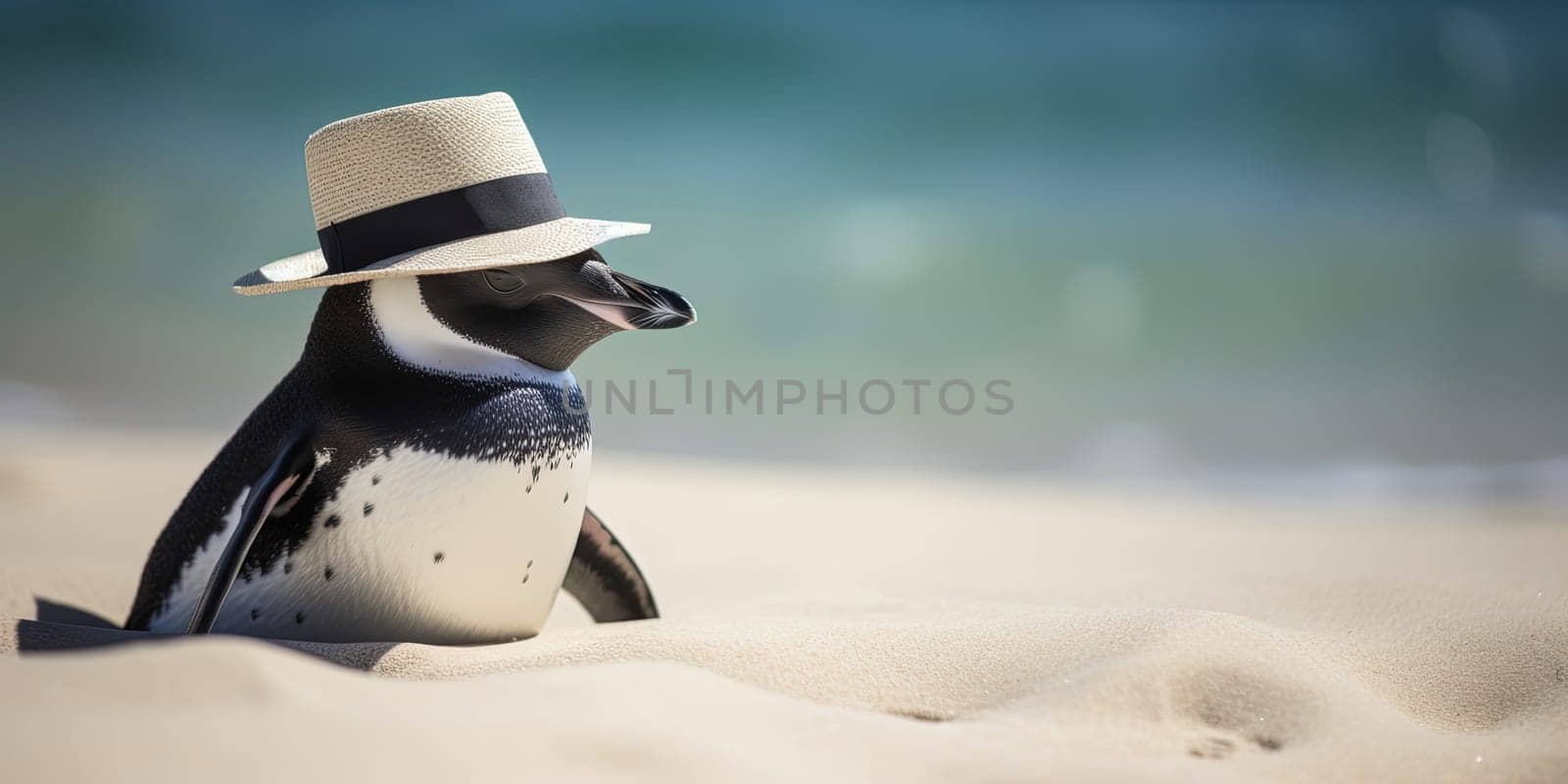 Funny Penguin In Retro Hat And Sunglasses Lying On A Sandy Beach by tan4ikk1