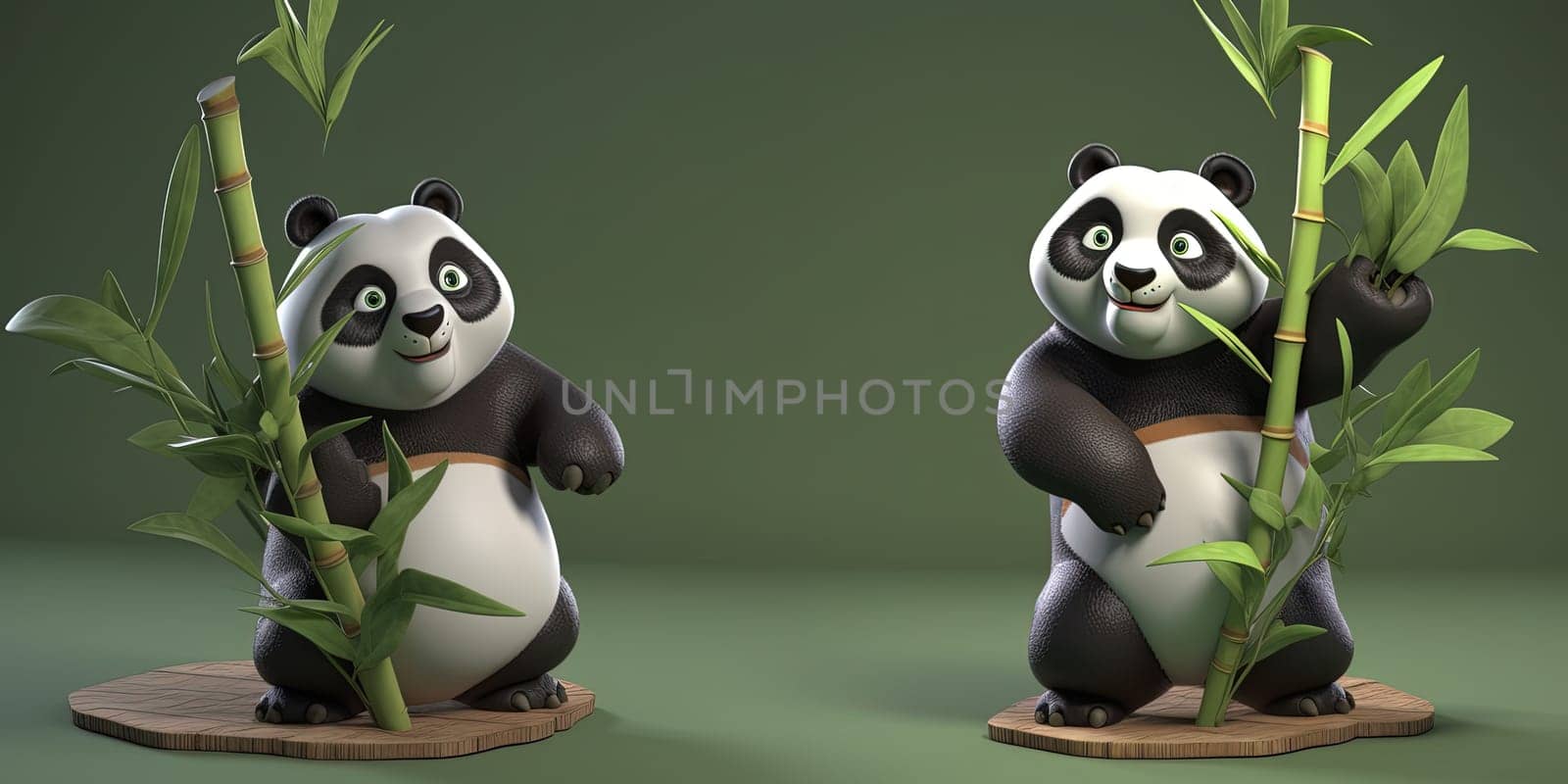 Cartoon Adorable Pandas Playing With Bamboo, Illustration