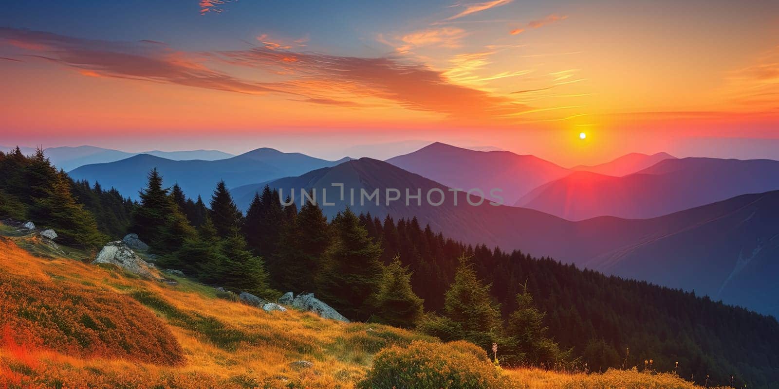 beautiful panoramic landscape view on a mountain ranges at sunset by tan4ikk1