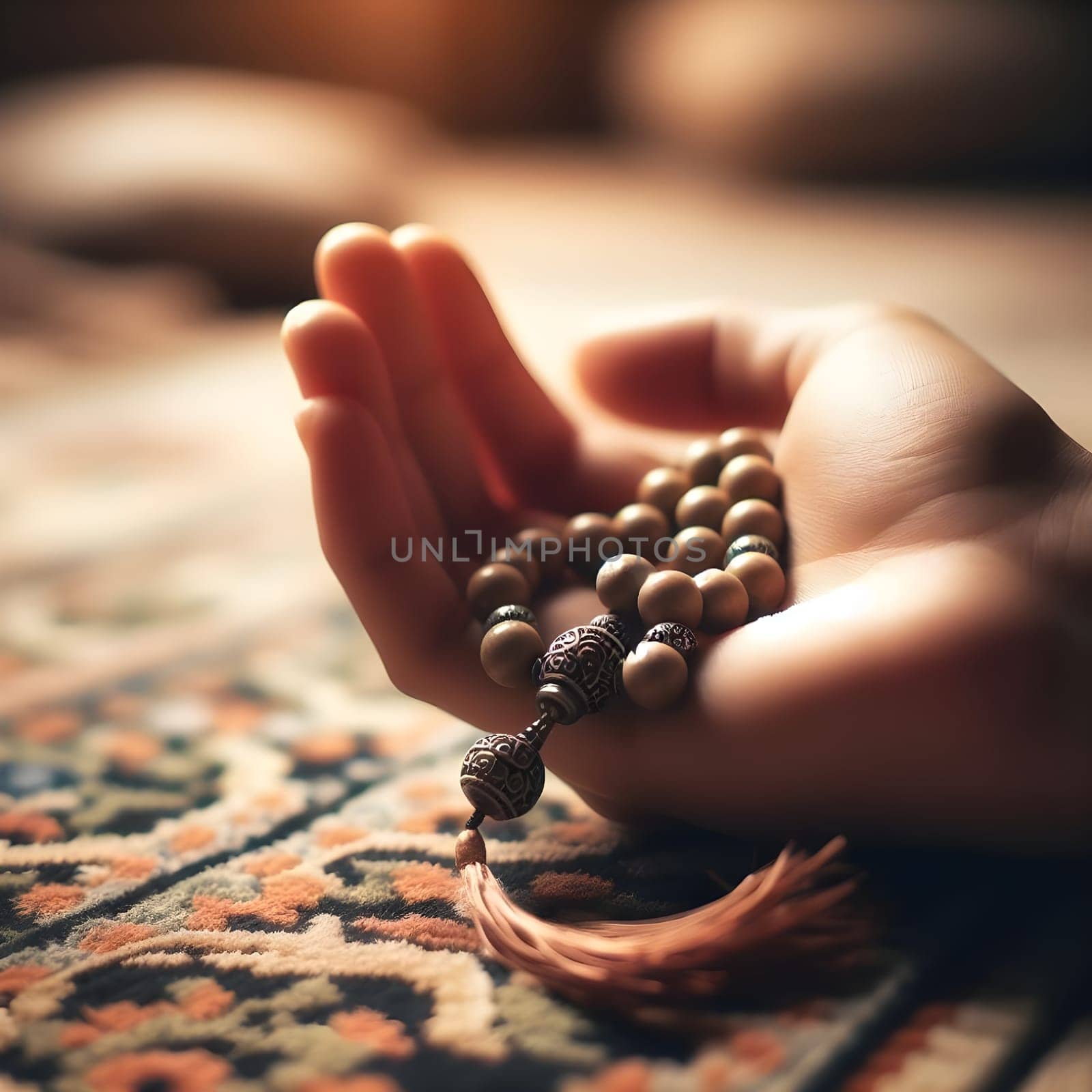 A close up of a beautifully crafted prayer bead held gently between fingers, with a soft focus on a prayer rug in the background. Happy ramadan, ramadhan, ramazan. High quality photo
