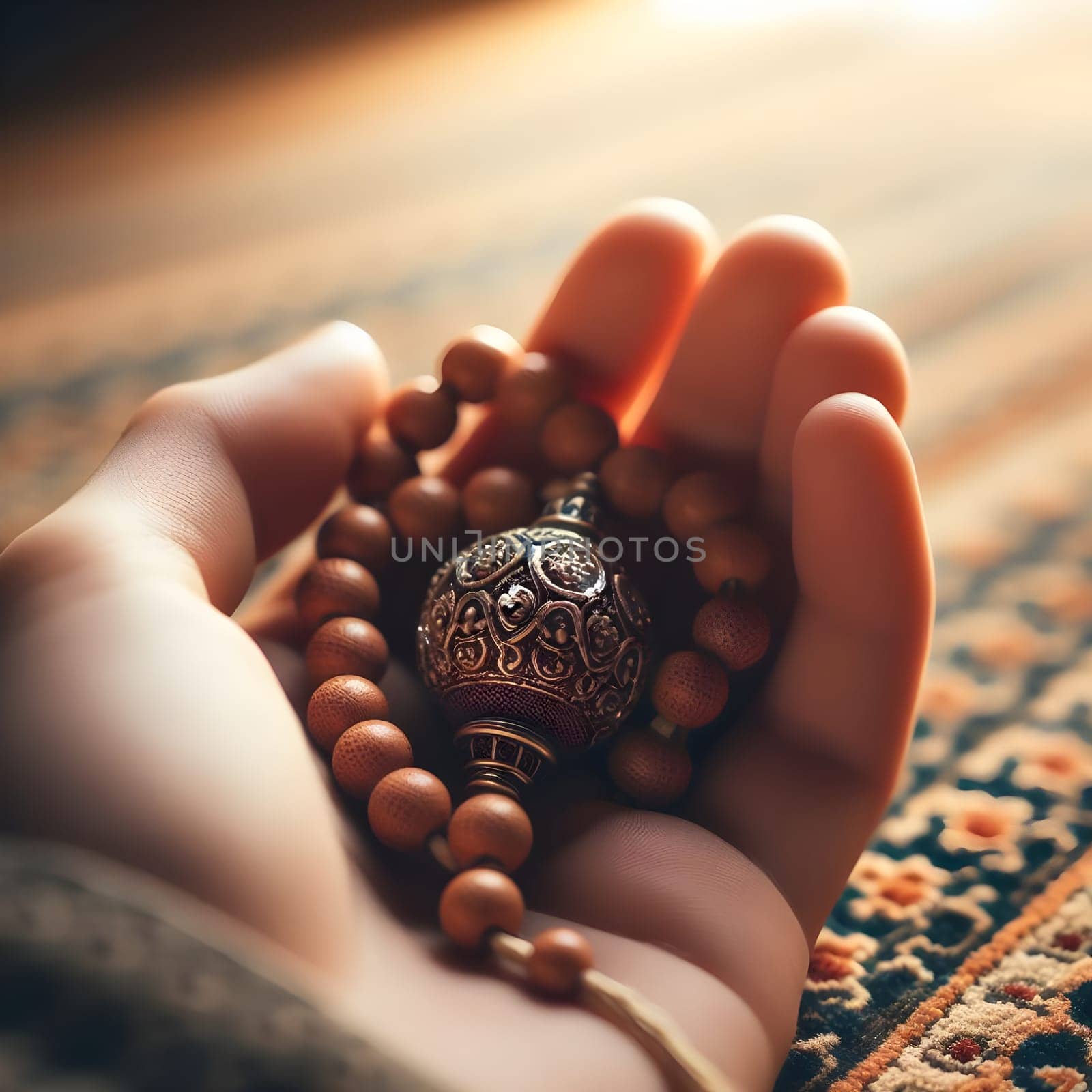 A close up of a beautifully crafted prayer bead held gently between fingers, with a soft focus on a prayer rug in the background. Happy ramadan, ramadhan, ramazan by Designlab