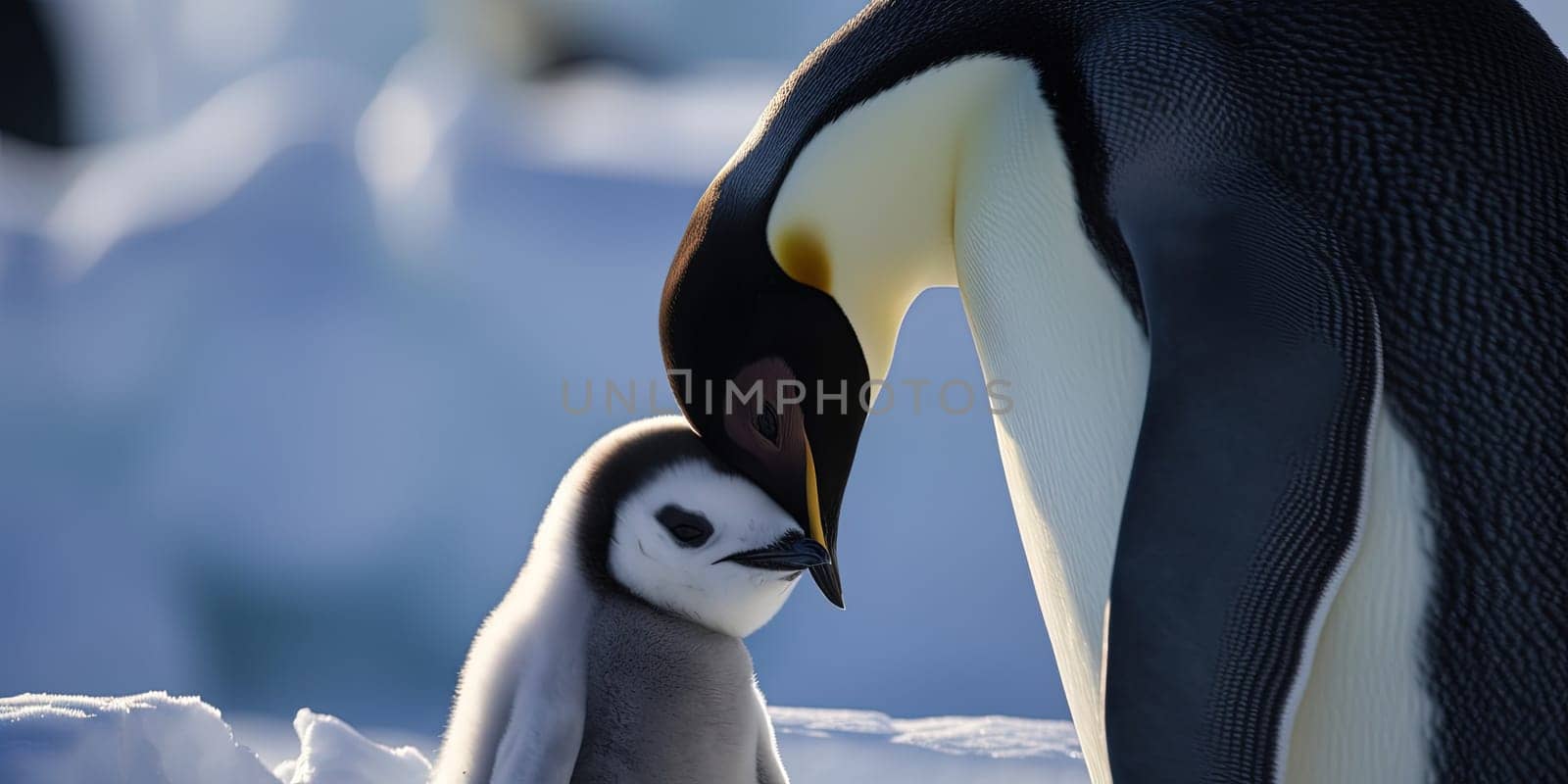 Baby penguin along with its mother on a winter background with snow