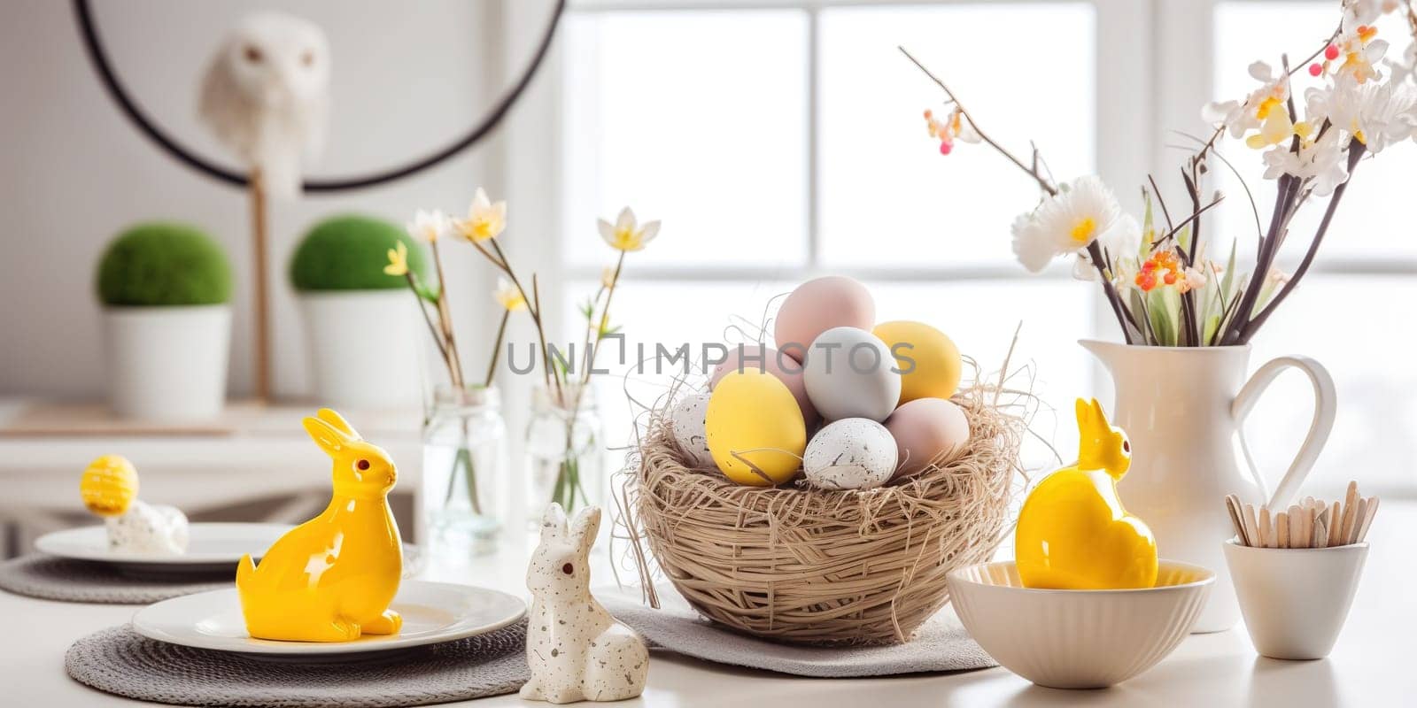 Dyed Easter eggs in a wicker basket on the kitchen table with flowers and Easter bunny figurines