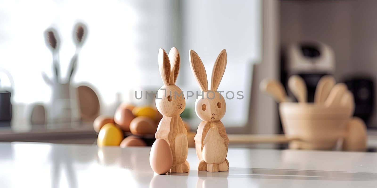 Wooden Easter bunny figurines on the kitchen table with easter eggs on the background