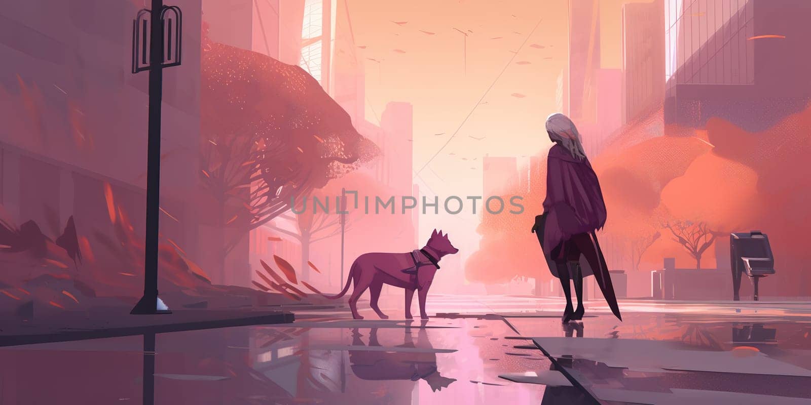 Illustration Girl Walking On A Street With Dog After The Rain In Pink Colors, Concept Pets In Modern City
