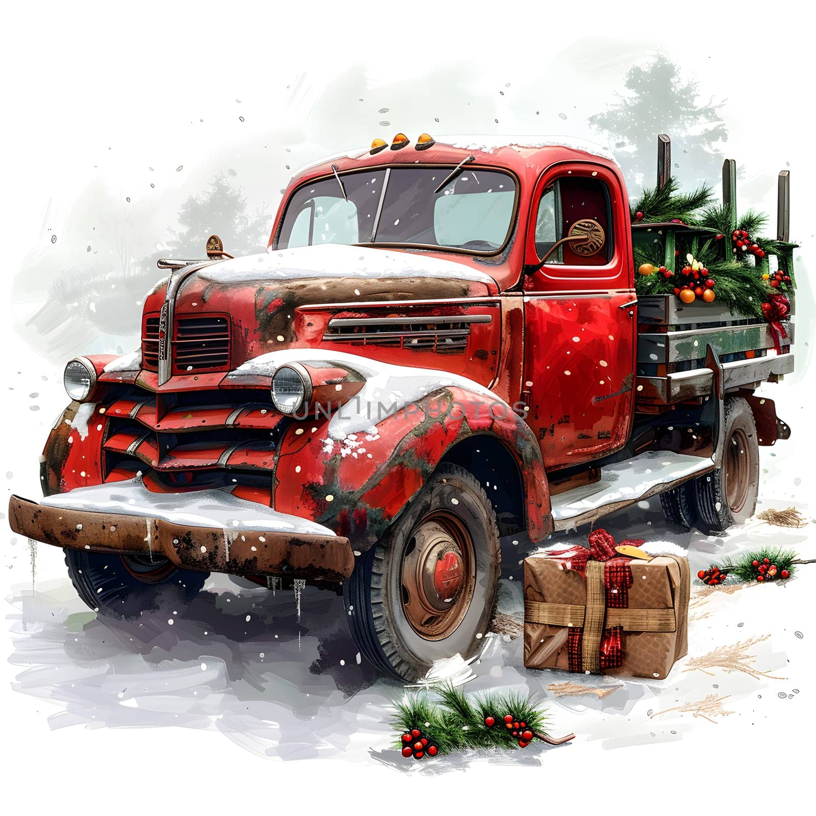 Red truck with Christmas tree in back driving through snow by Nadtochiy