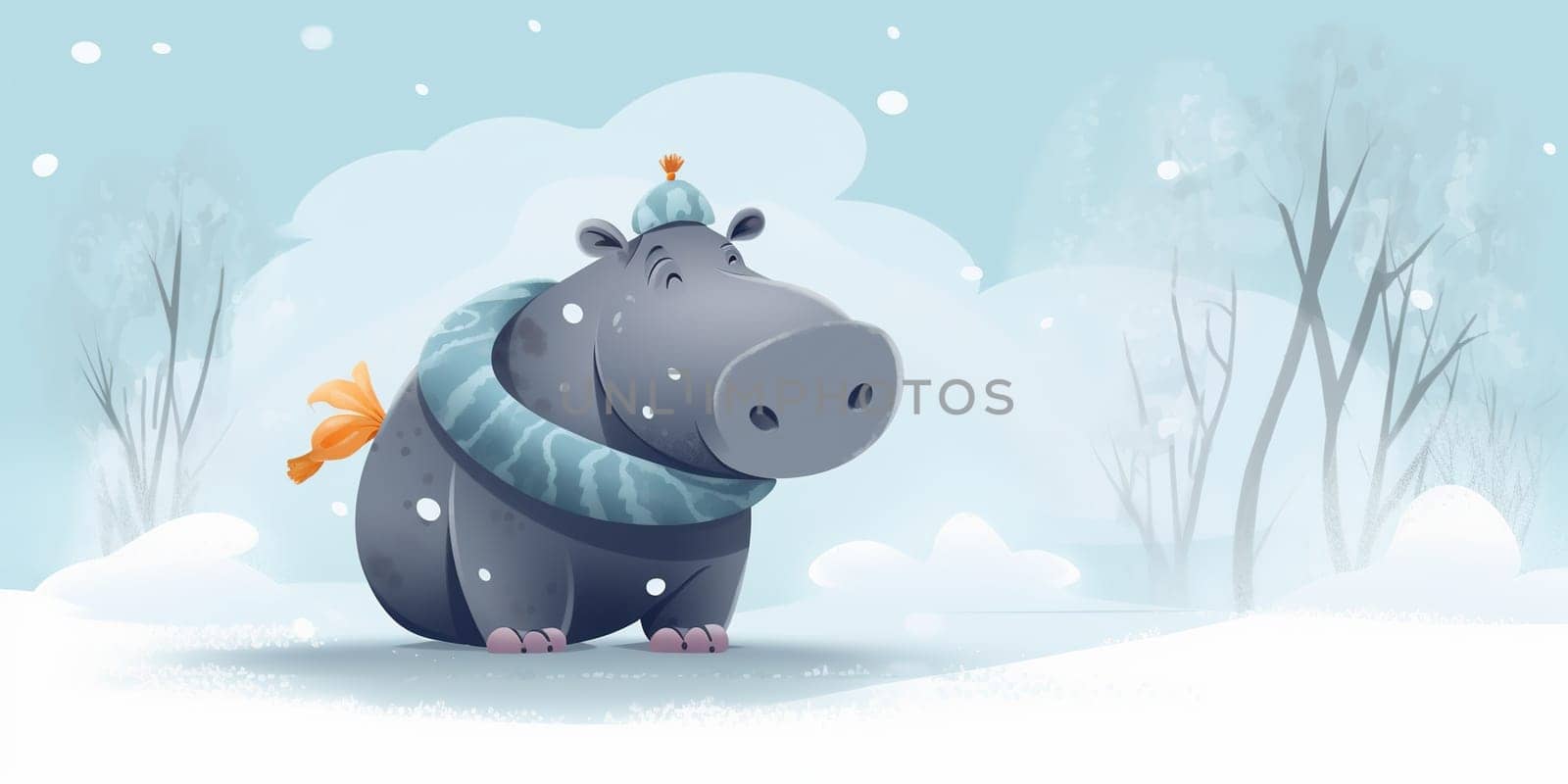 Cartoon baby hippo wearing scarf and hat by tan4ikk1