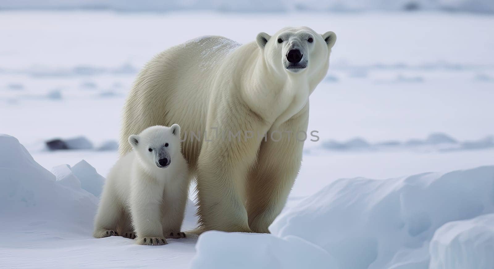 Baby polar bear with mother on Antarctic snow with blurred background