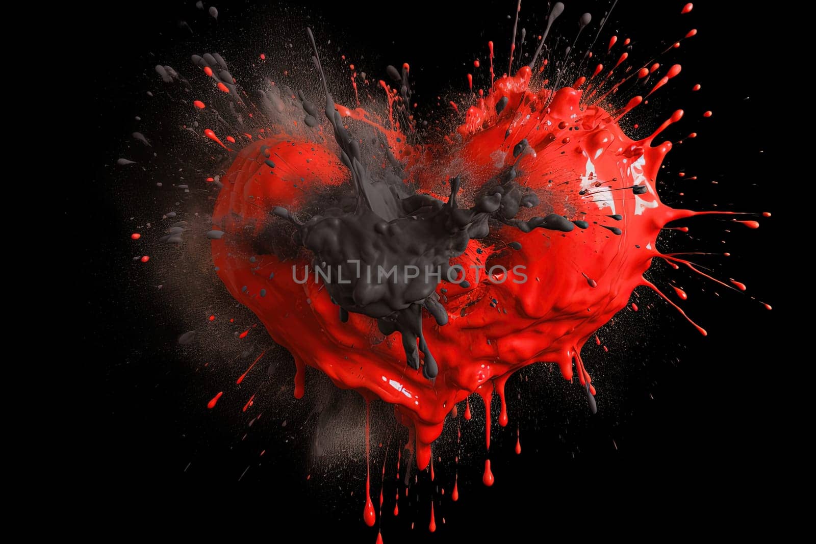 Black and red paint splashes form a heart shape, symbolizing deep passion and mystery, as they dramatically stand out against a dark black background. , generative AI