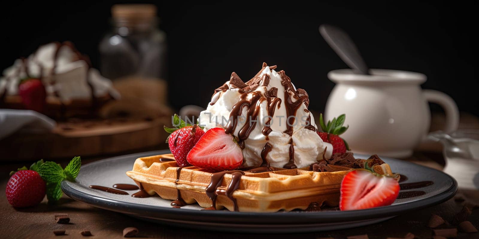 Delicious Waffle Dessert With Strawberries And Cream On A Plate, Dessert In Cafe