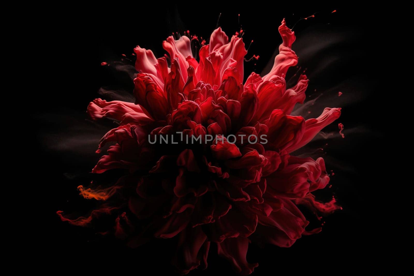 blew up of splashes of paint explosion in dark red color isolated on a black background, generative AI