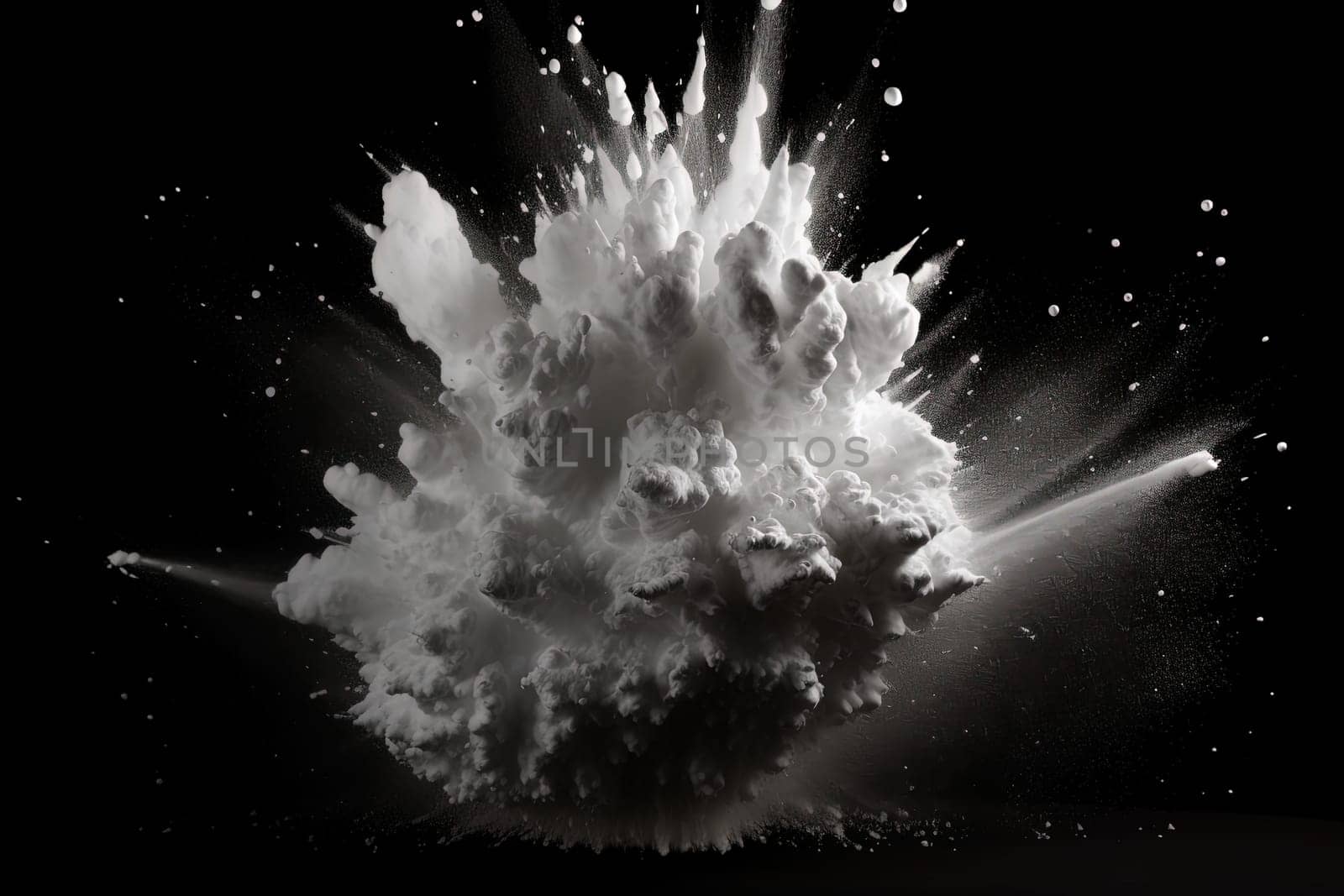 splashes of white Holi Powder paint against black background, generative AI