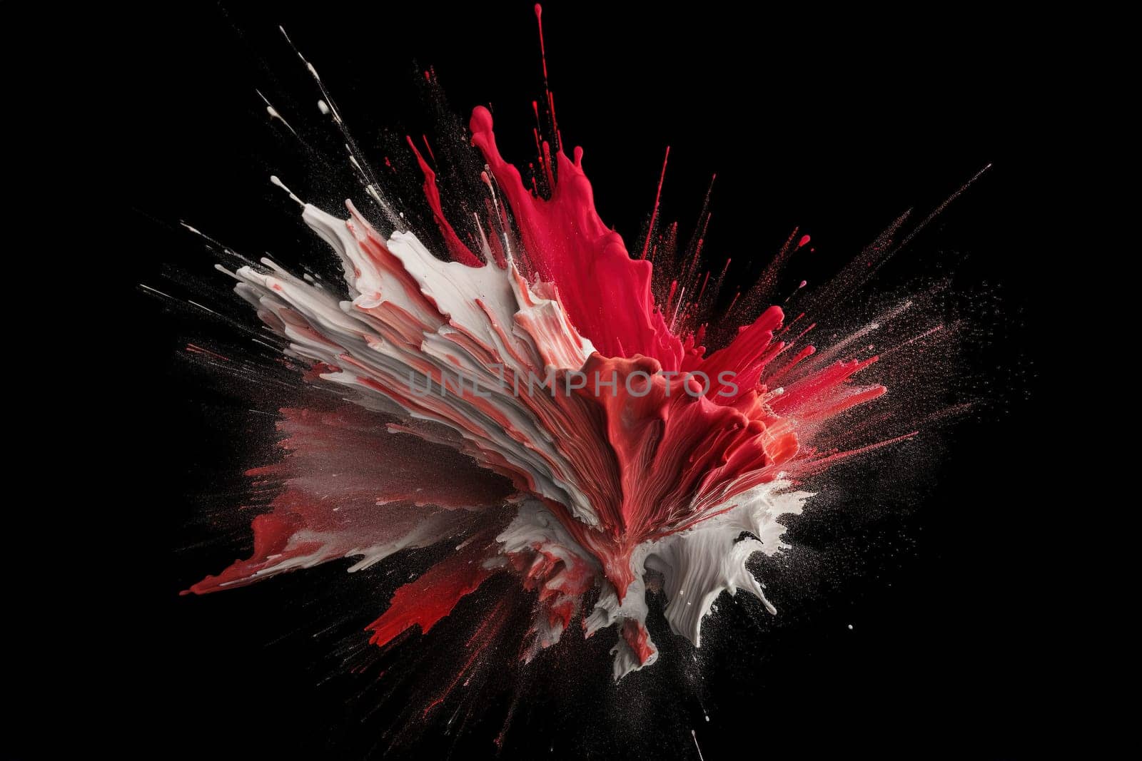 drops and splashes of blew up a red and white paint on a black background, generative AI