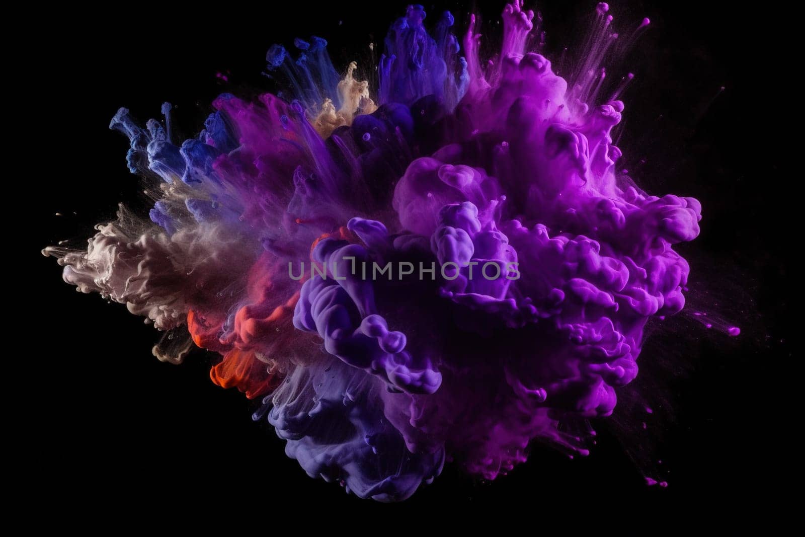 blew up of purple paint with drops and splashes on a black background, generative AI