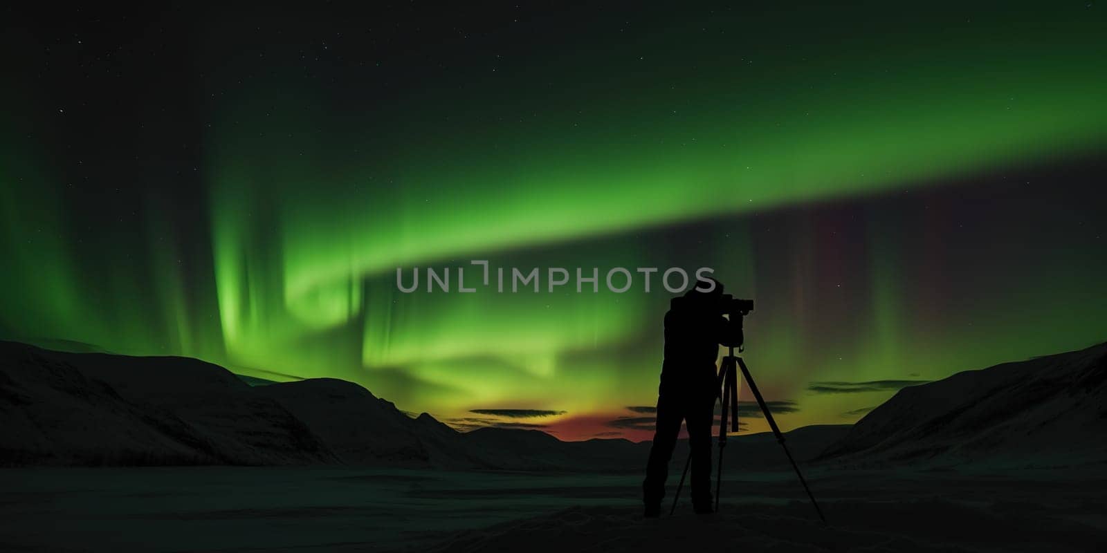 photographer takes a photoof northern lights in the sky at night, generative AI