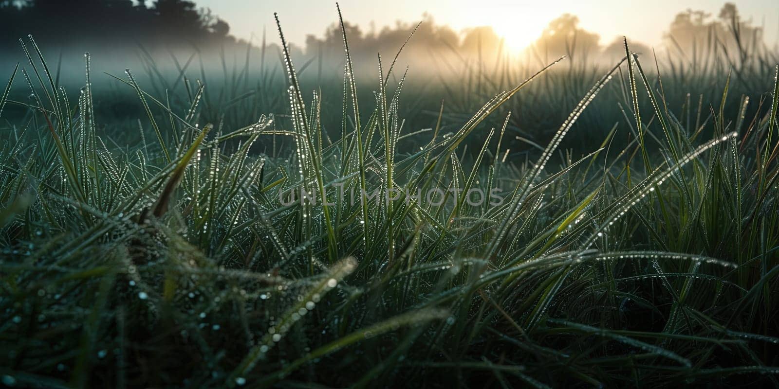 Morning grass with drops of dew, close up view, foggy morning