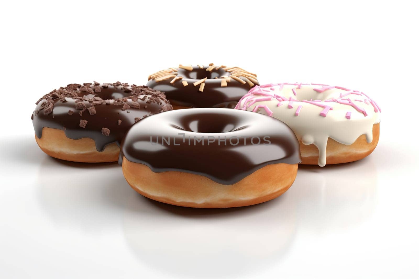 3D illustration of delicious donuts poured with a glaze isolated on a white background , generative AI