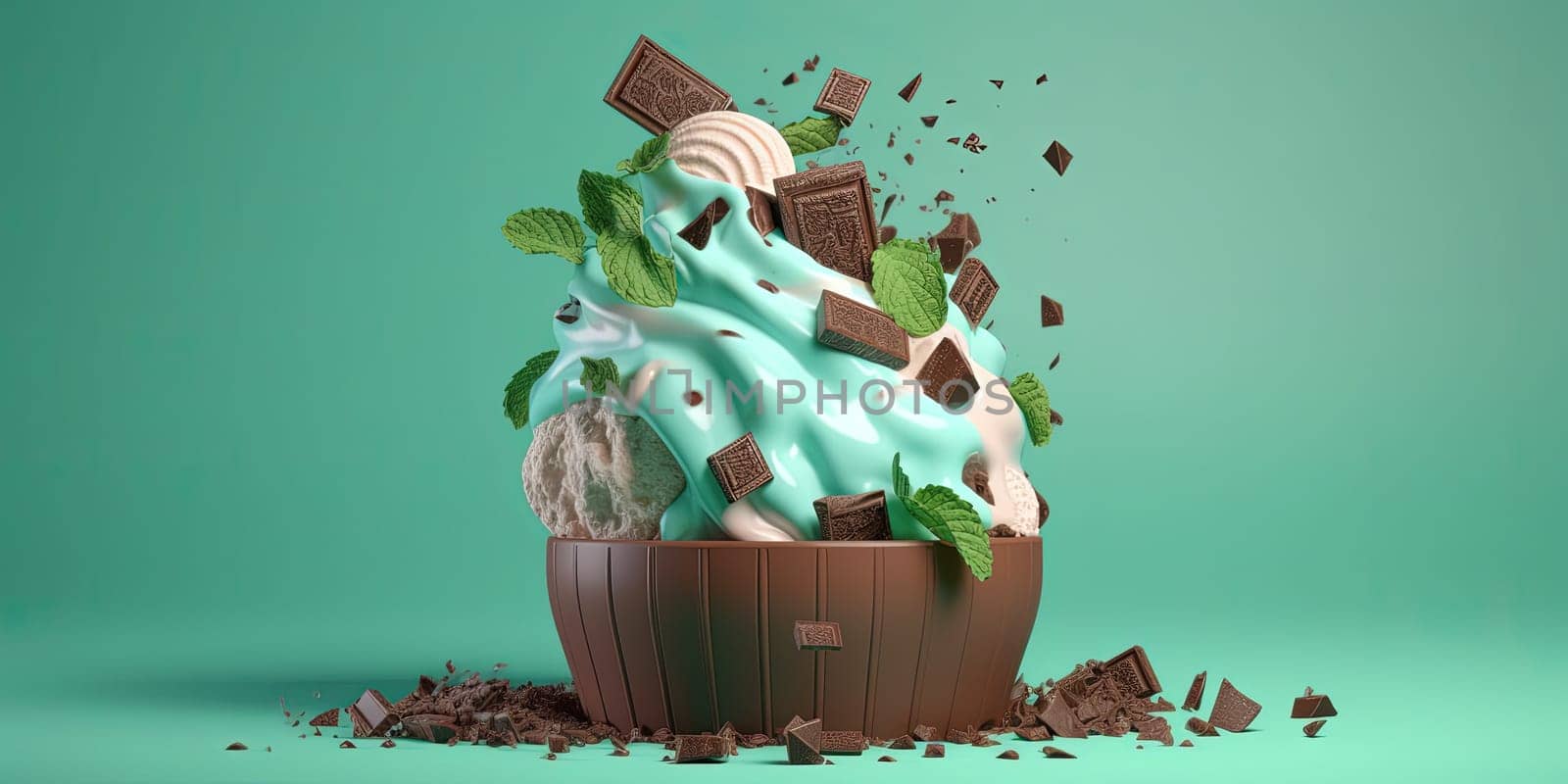 Illustration Of Ice Cream Dessert With The Pistachio And Chocolate On A Mint Background, Dessert In Cafe