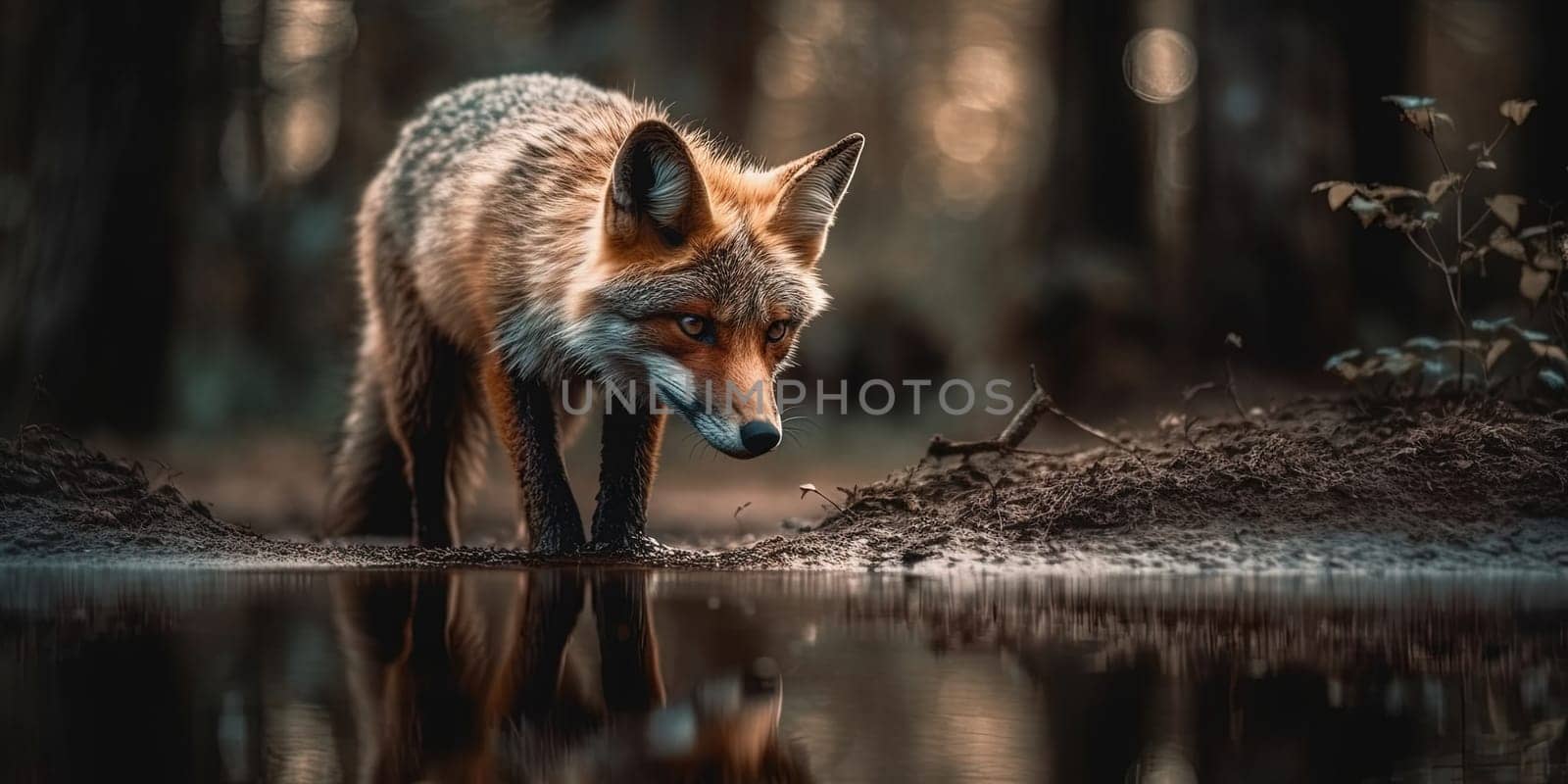 Young Fox Drinks Water From The Creek In The Forest by tan4ikk1
